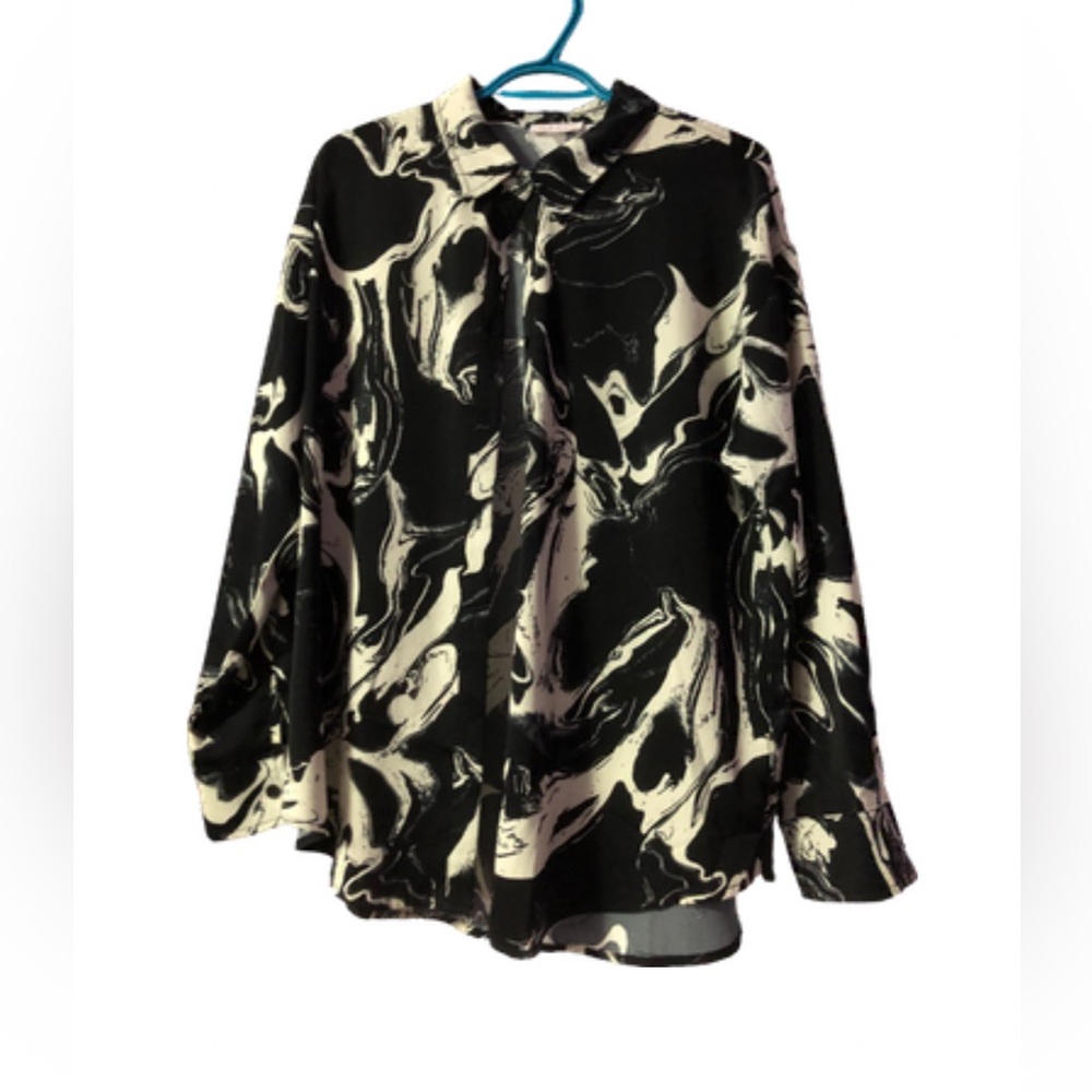 Retro Abstract Black and Cream Button-Up Blouse